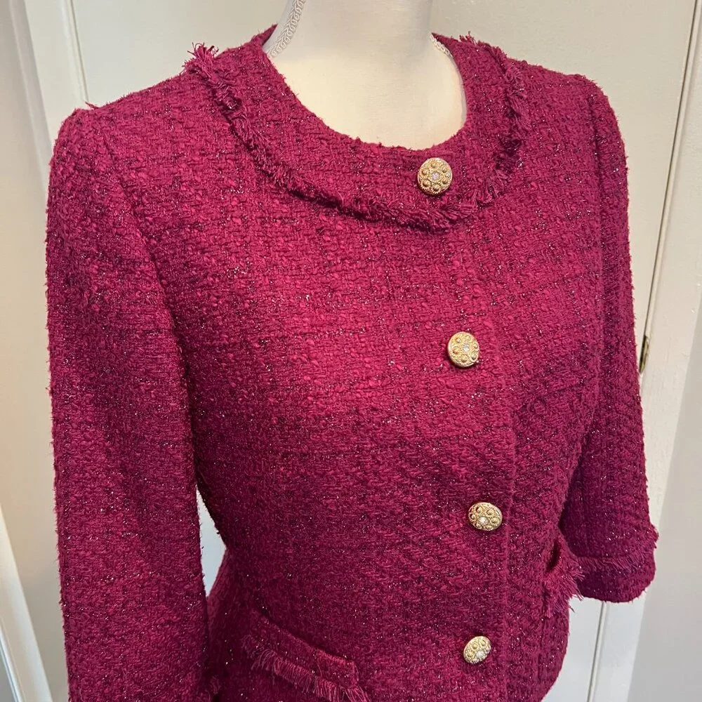 Tahari ASL Magenta Metallic Tweed Skirt Suit with Fringe Detail, Size 10 - Picture 7 of 16